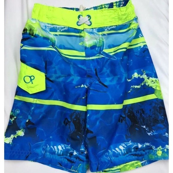 Op Boys Size 4-5 XS Swim Trunks Blue Neon Yellow Sharks Jellyfish Ocean - Picture 1 of 4